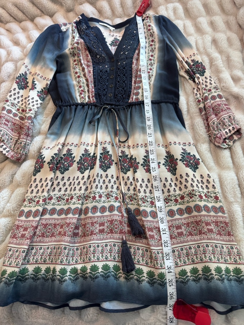 Anthropologie Floreat Boho Border Print Midi Dress Crochet Bib Tassel Tie Size 4 - Picture 10 of 12